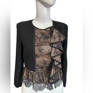 BCBG Maxazria Cassidel Lace Ruffle Jacket XXS Black Nude Cropped Blazer